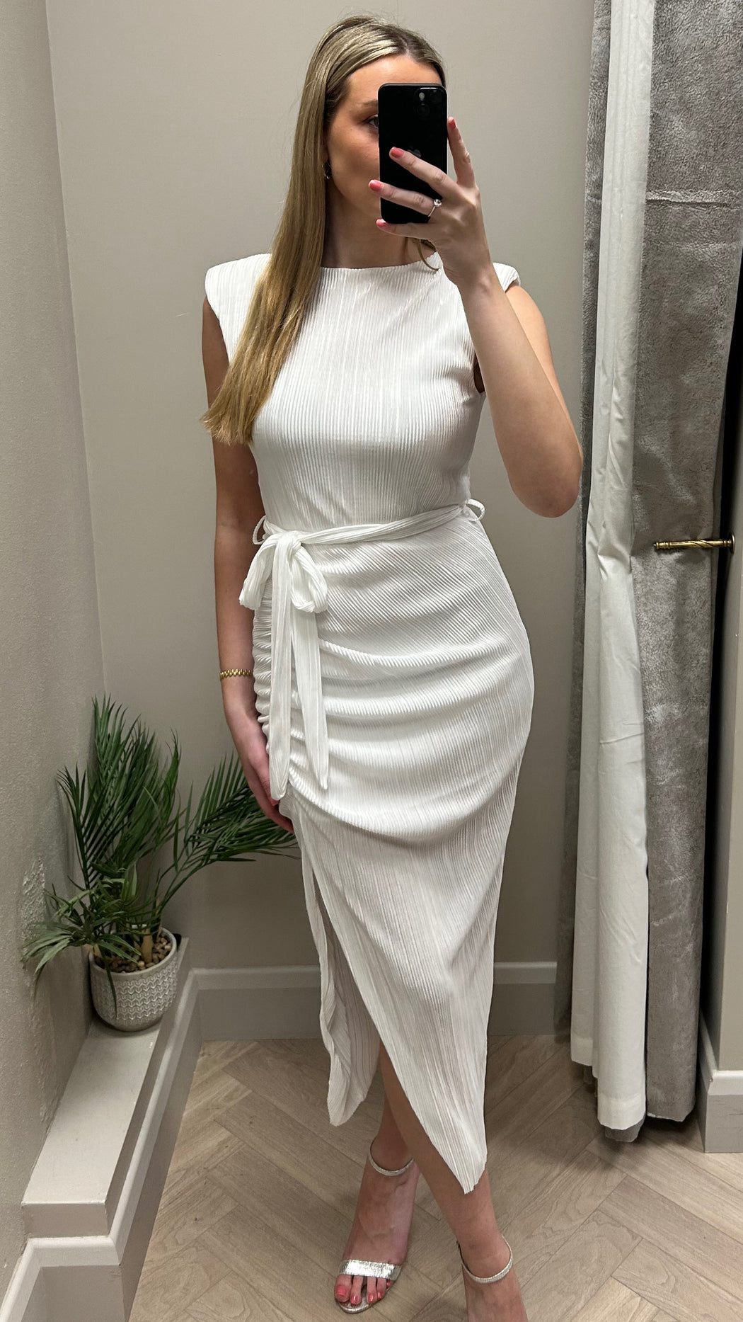 Elena white Ruched Seamed Midi Dress Baby