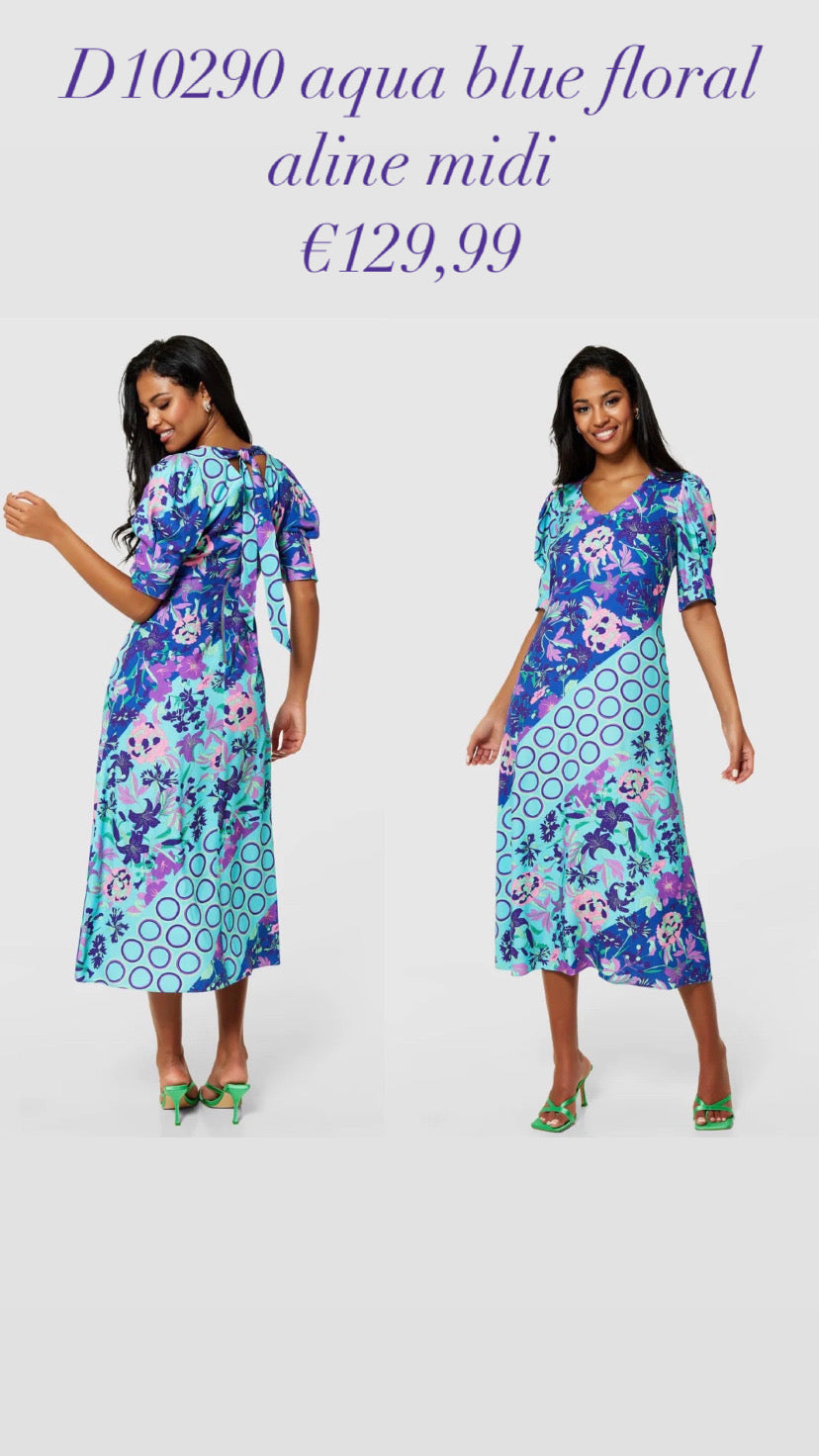 D10290 aqua blue floral aline midi
