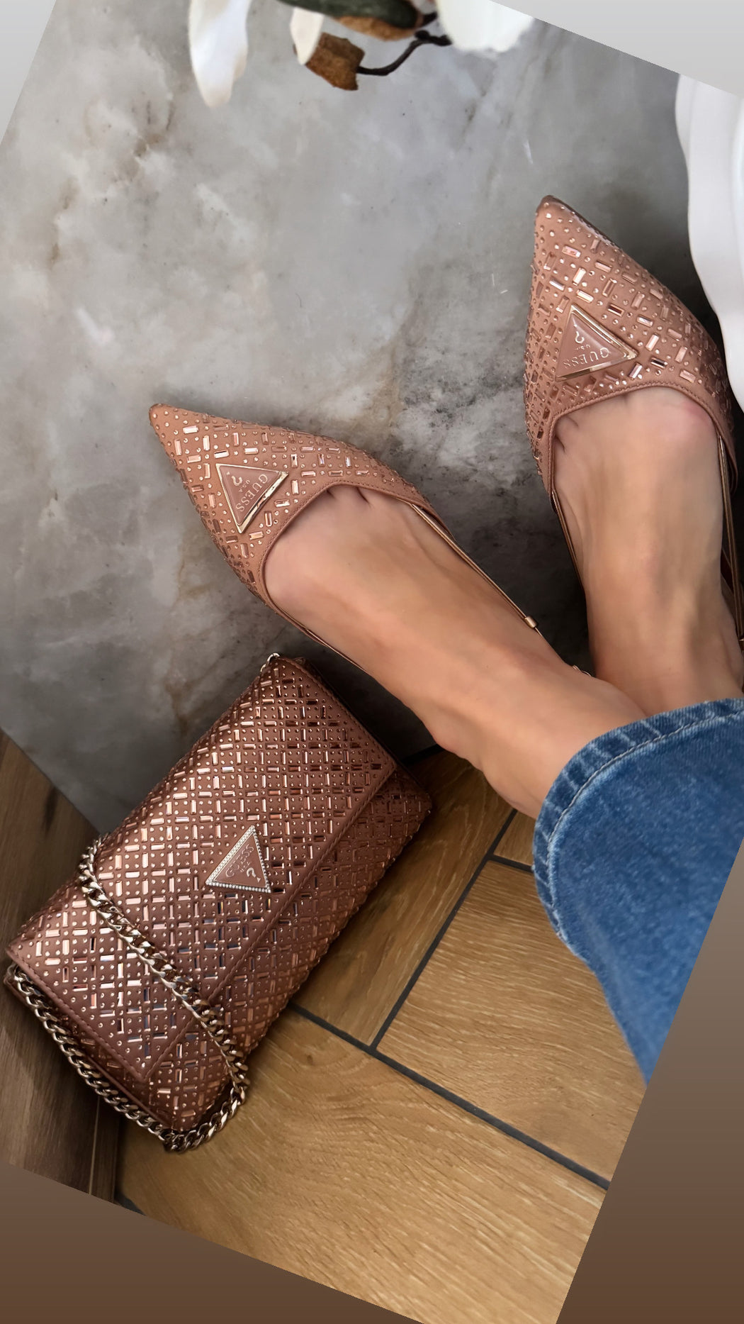 Guess satin rose gold embellished slingbacks flpjsysat05