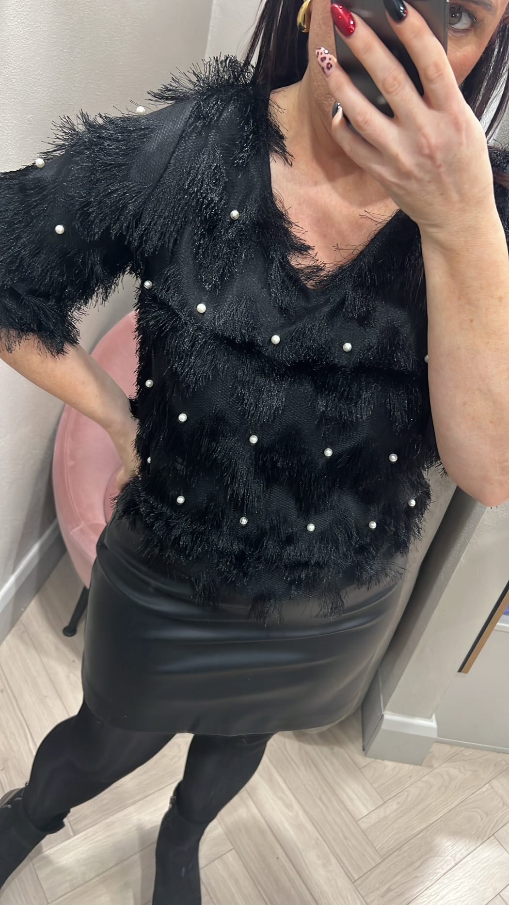 Pearl v neck black top