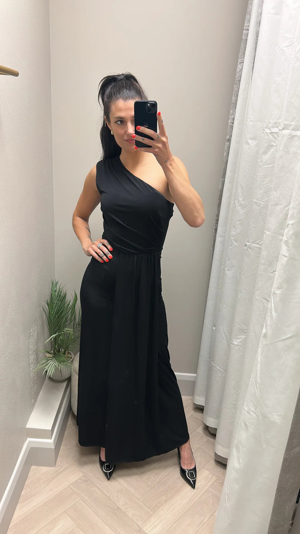 Emma black one shoulder midi dress
