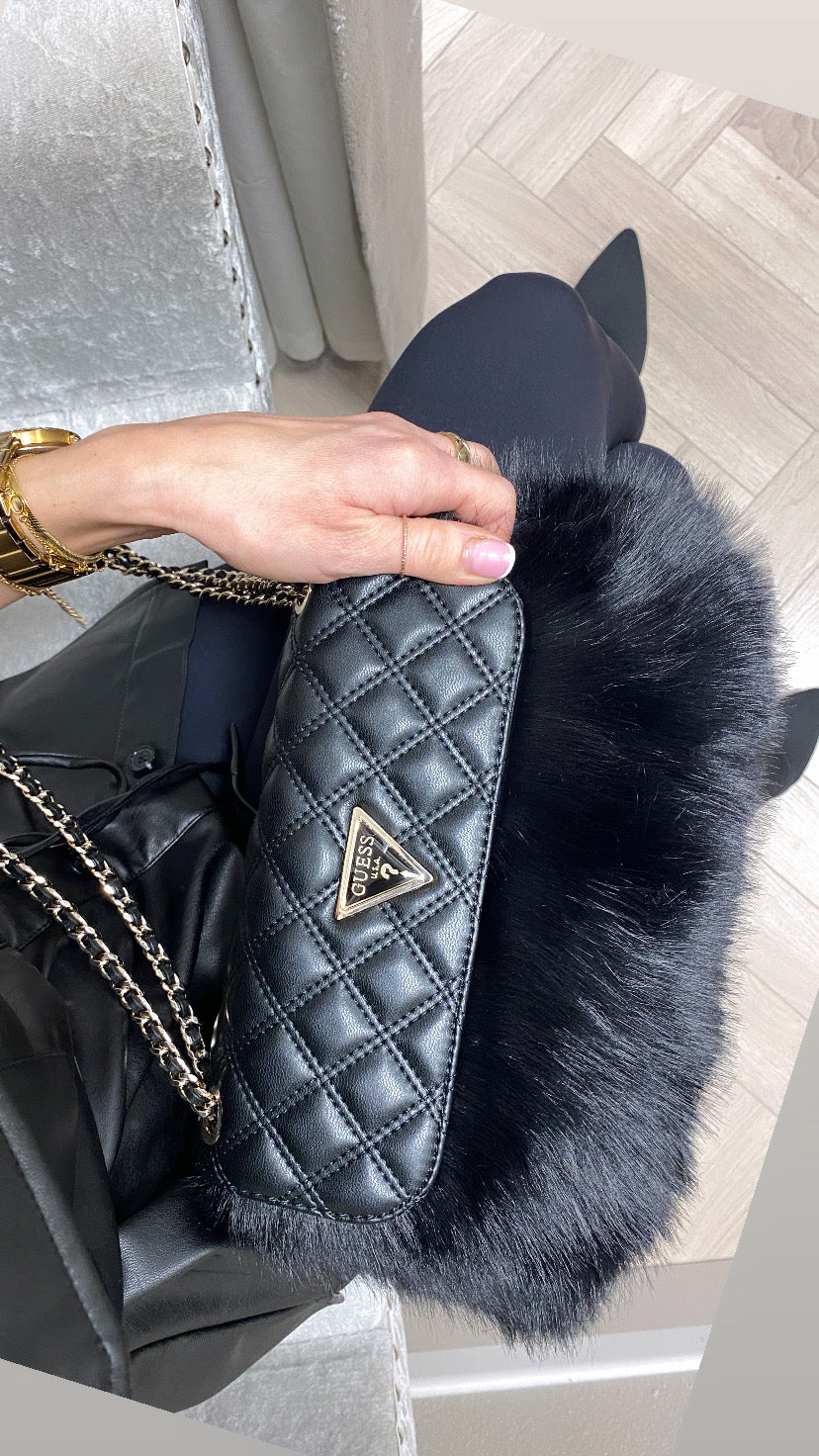 Guess black lise flap over faux fur convertible shoulder / crossbody