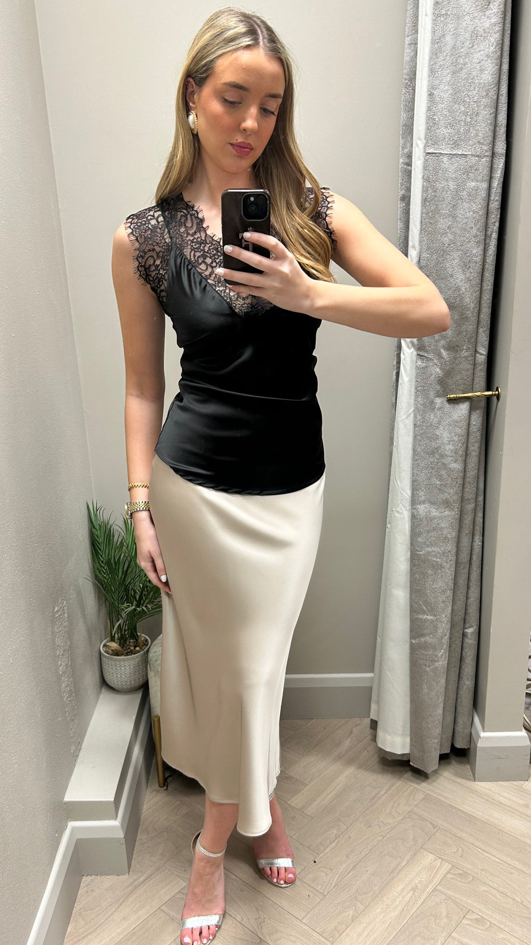 Champagne  satin Kansas midi skirt