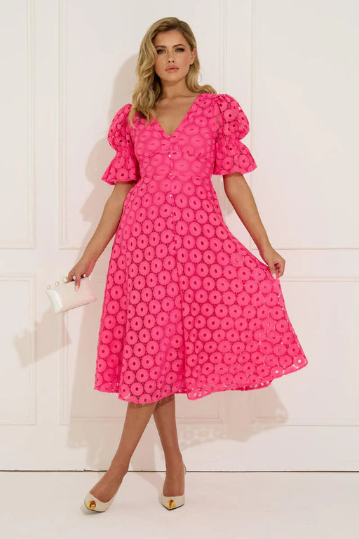 CALLIE PUFF SLEEVE FUSCHIA PINK LACE DRESS