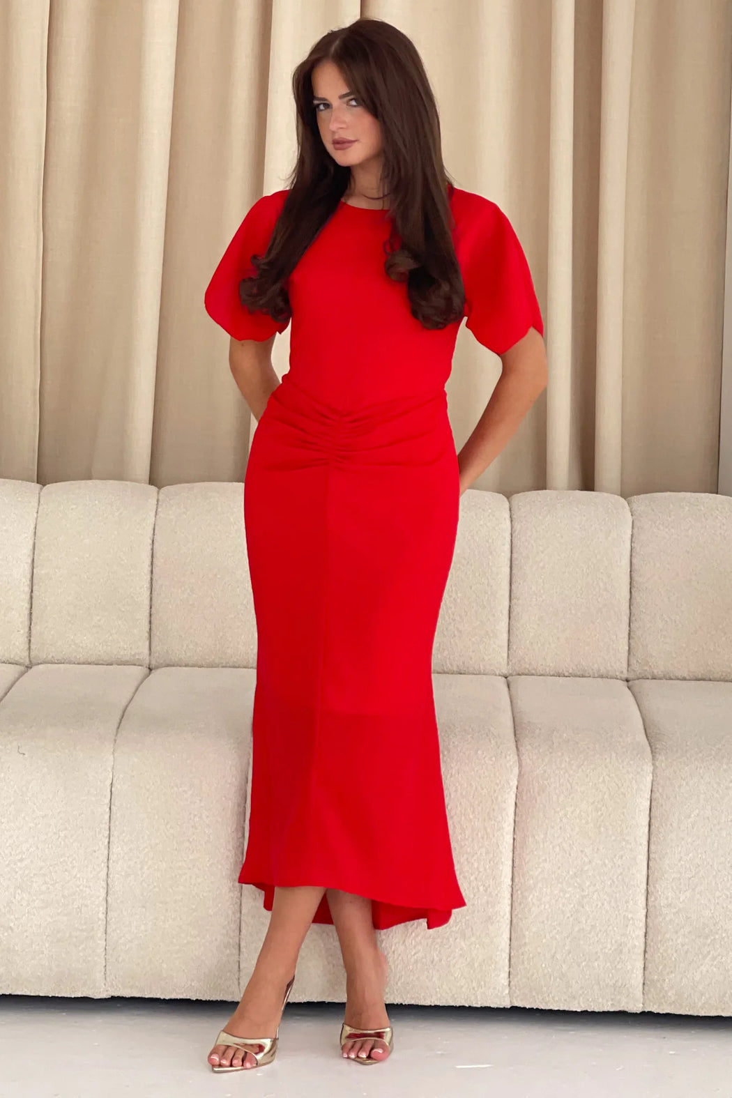 Cleo Red Ruched Detail Midi Dress