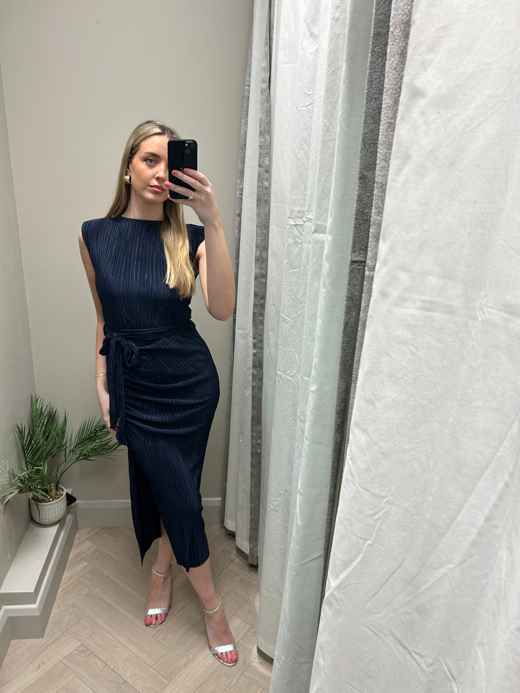 Elena navy ruched  Seamed Midi Dress Baby