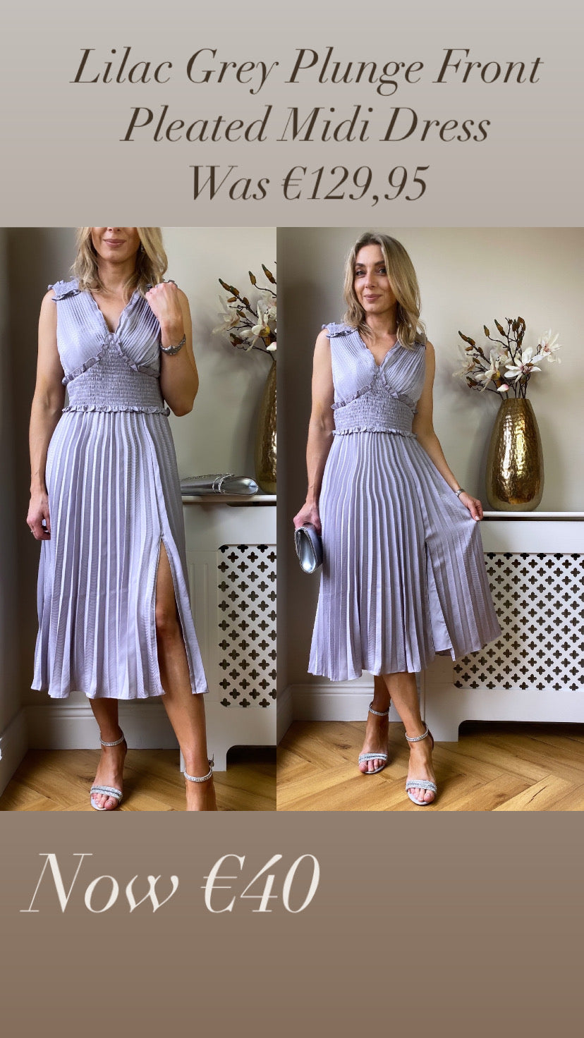 Lilac Grey Plunge Front Pleated Midi Dress