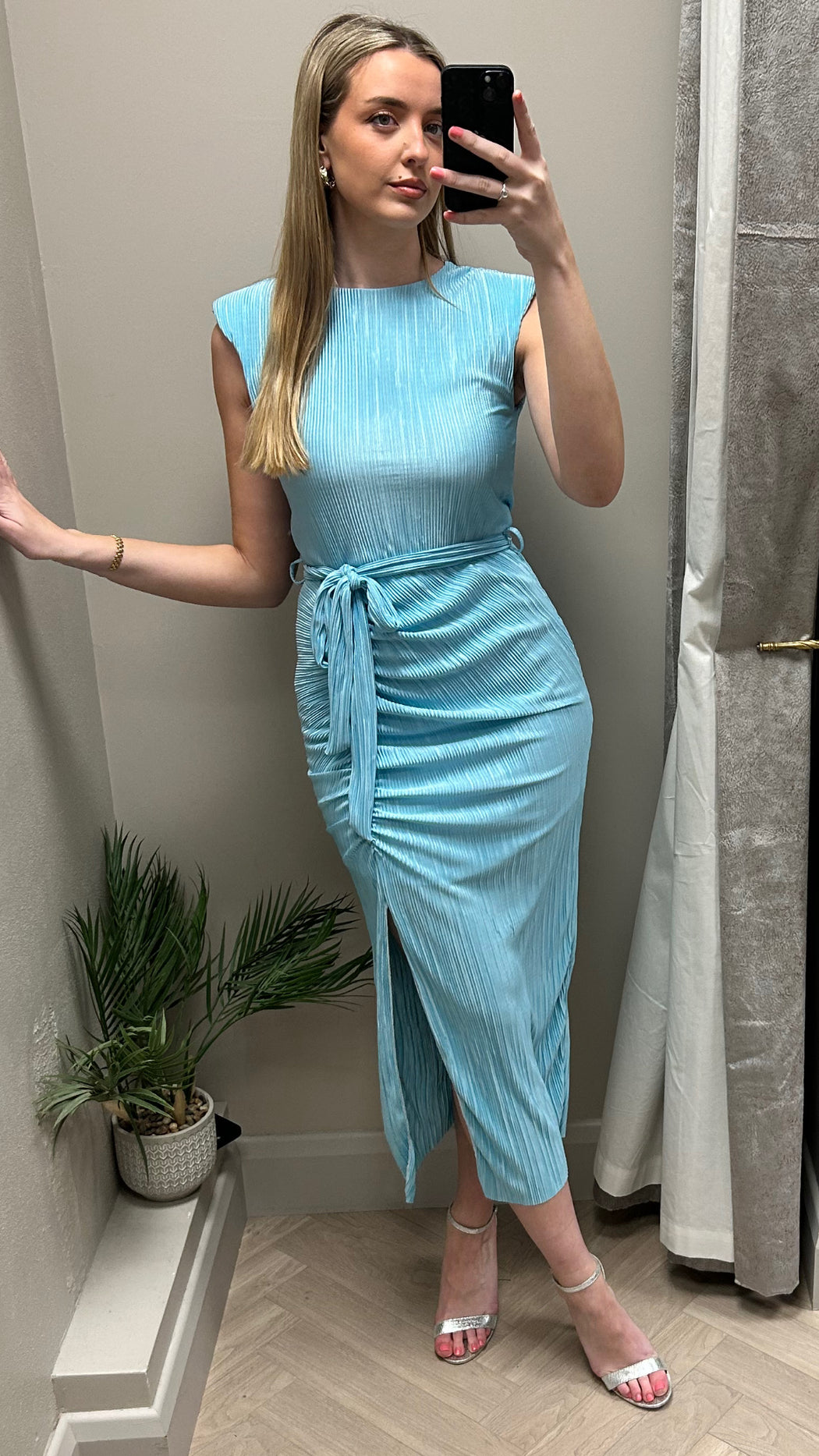 Elena sky blue Ruched Seamed Midi Dress