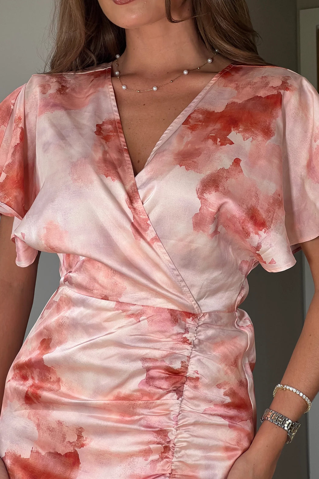 Priscilla Wrap Over Ruched Detail Midi Dress Pink Marble