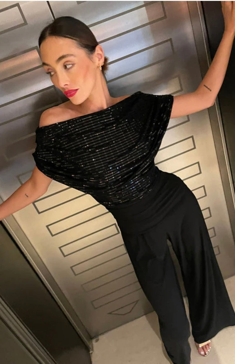 Black sparkle Atom label carbon jersey jumpsuit