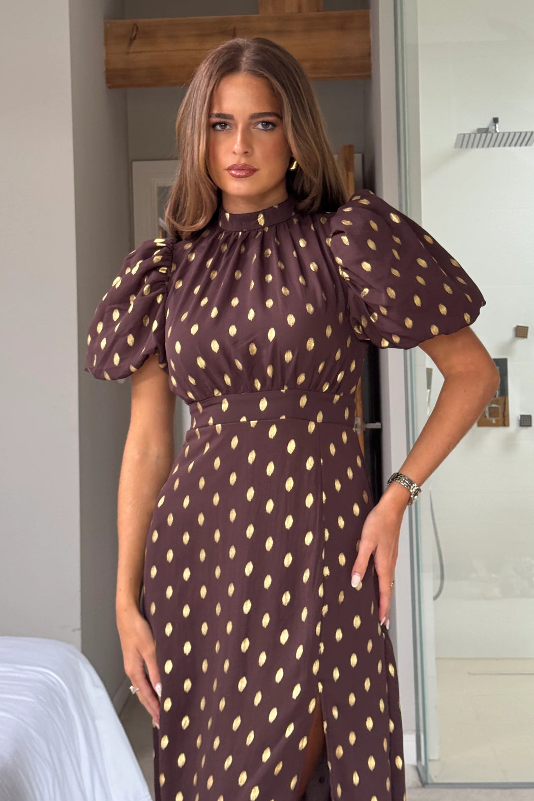 Lilith Brown & Gold Puff Sleeve High Neck Midi Dress