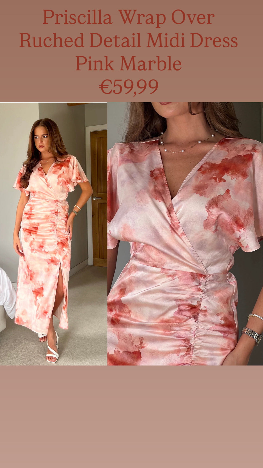 Priscilla Wrap Over Ruched Detail Midi Dress Pink Marble