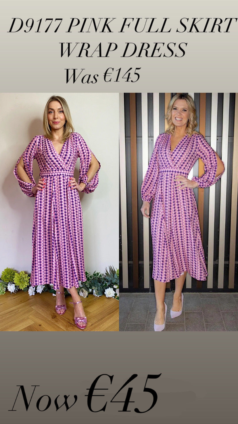 D9177 PINK FULL SKIRT WRAP DRESS