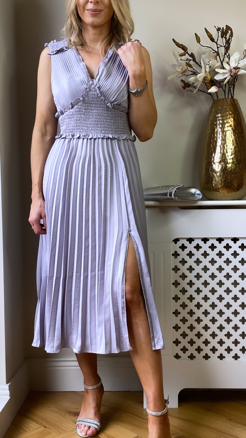 Lilac Grey Plunge Front Pleated Midi Dress