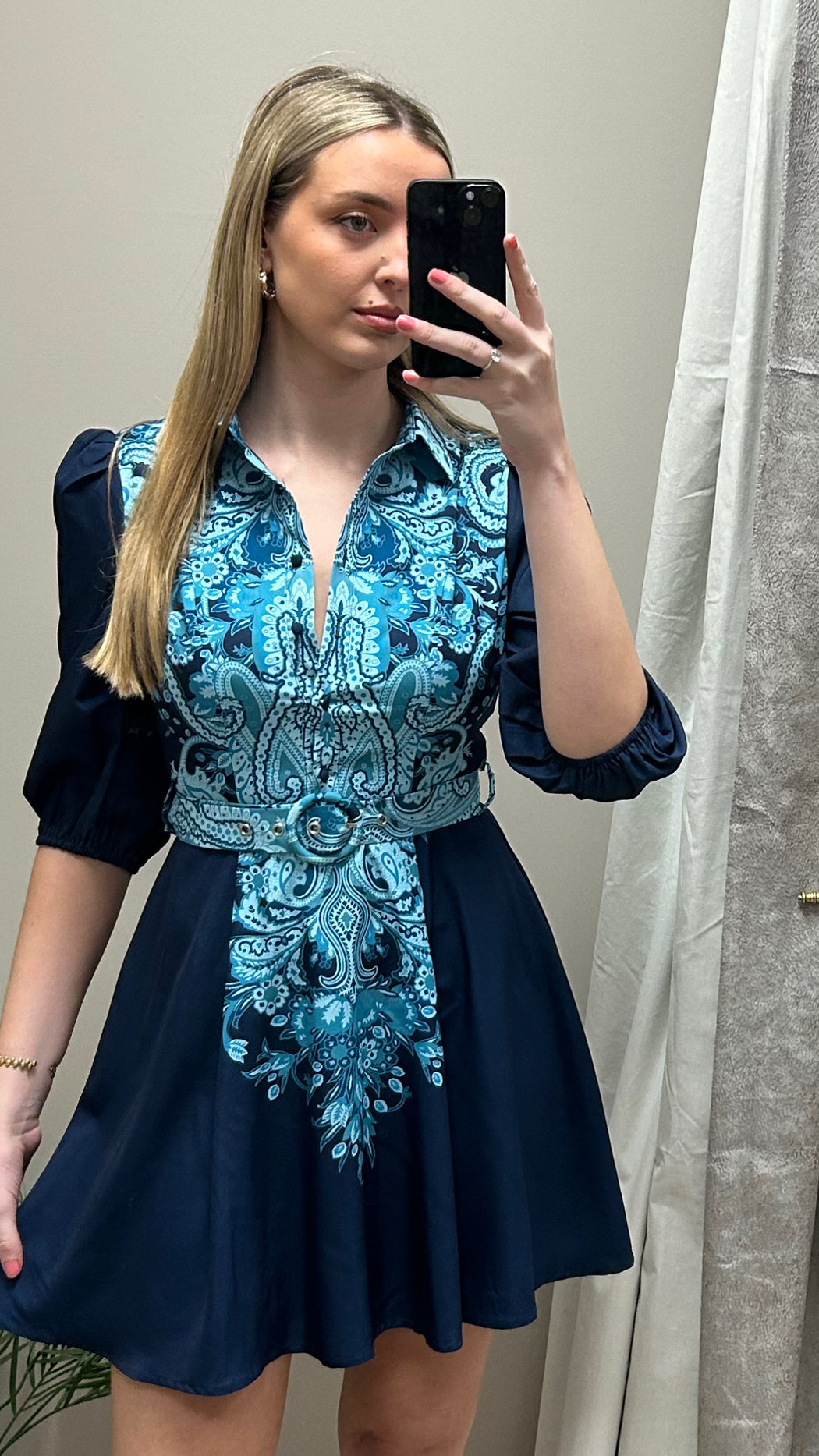 Holland Paisley Print Collar Mini Dress Navy