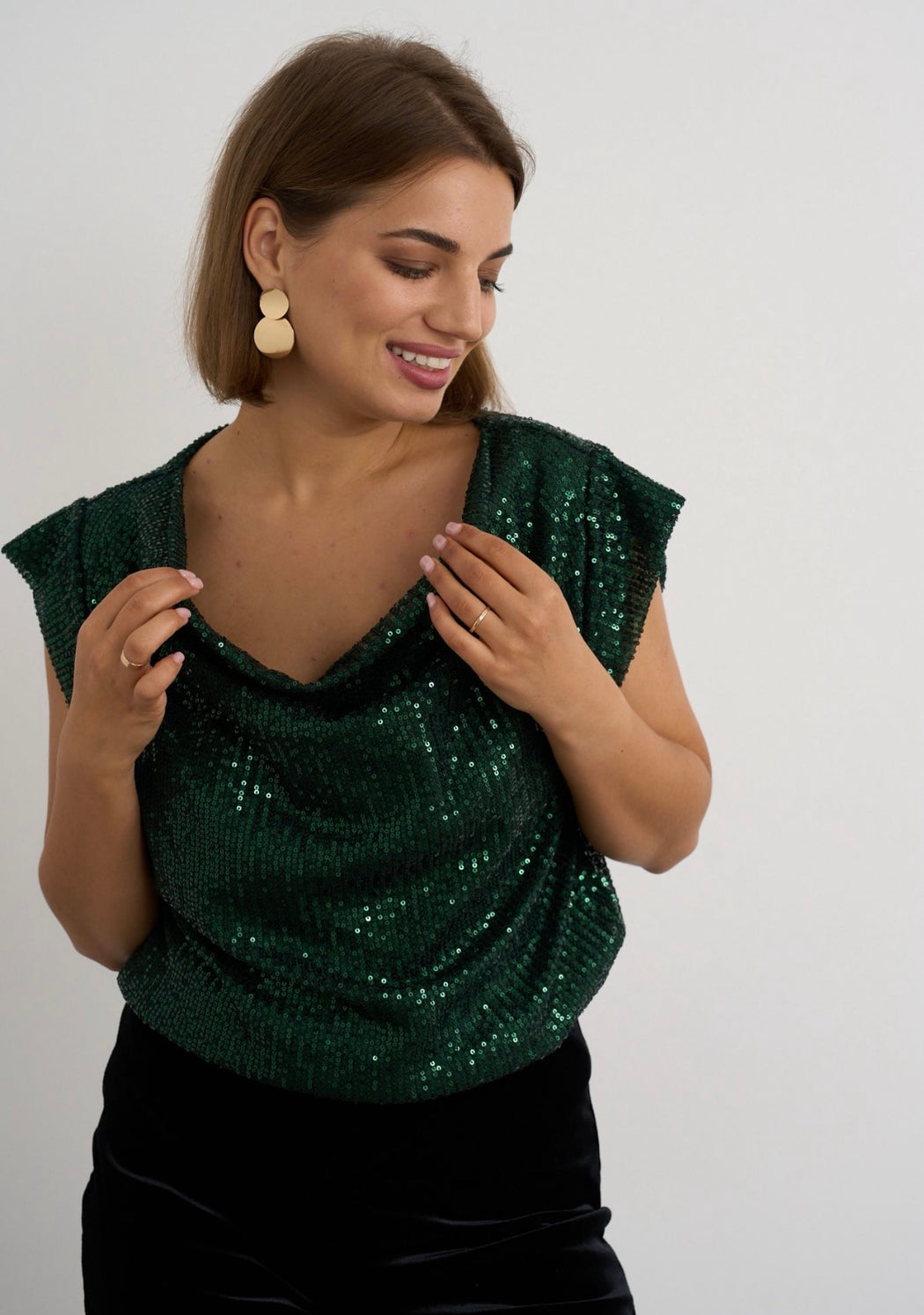 Green sequin cowl neck