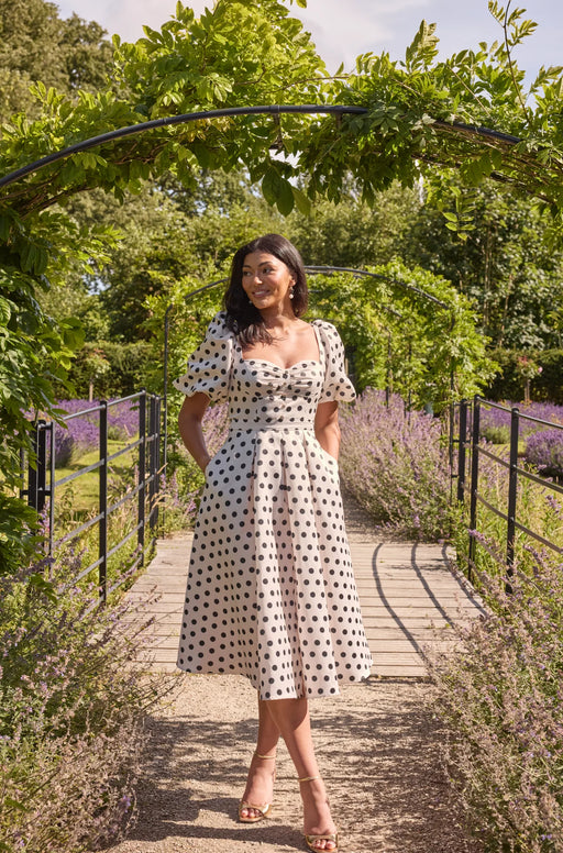 Audrey Puff Sleeve Champage polka dot dress
