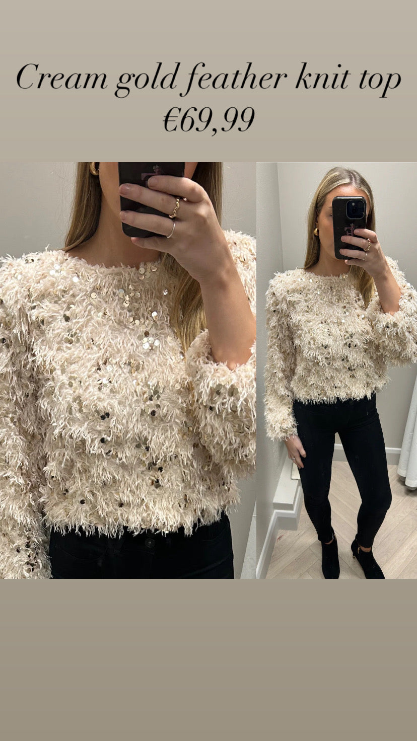 Cream gold feather knit top
