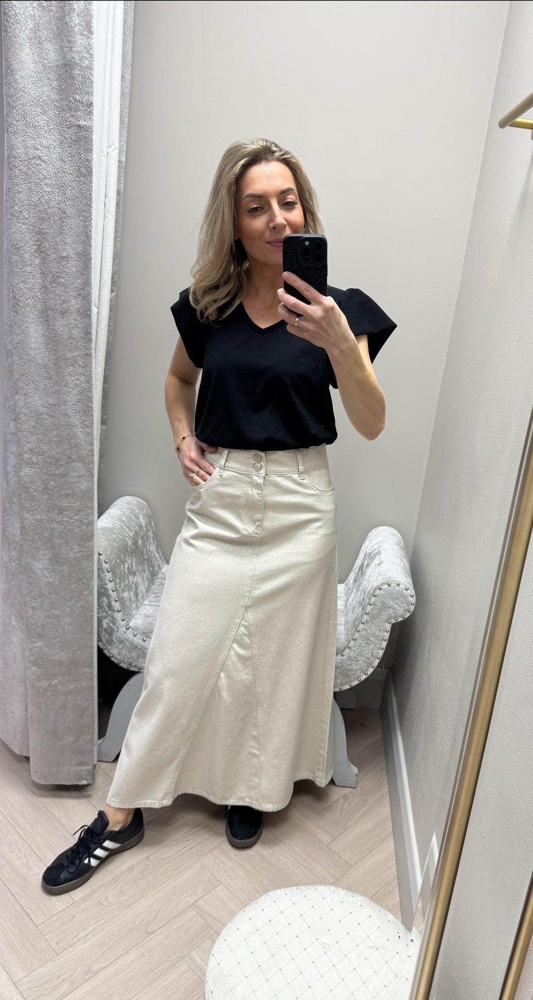 Carrie gold shimmer denim maxi skirt
