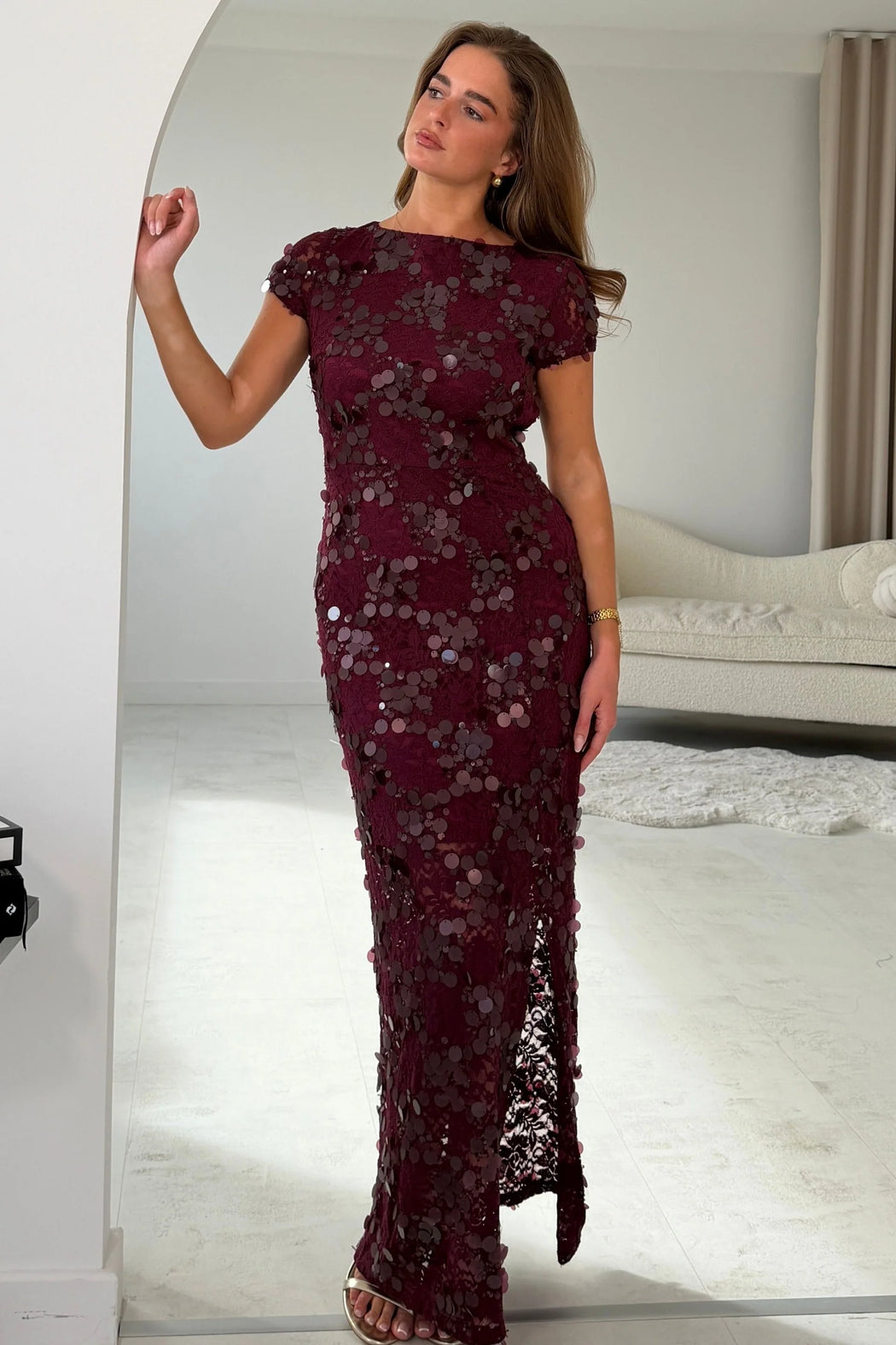 Georgie sequin Lace Split Maxi Dress Burgundy