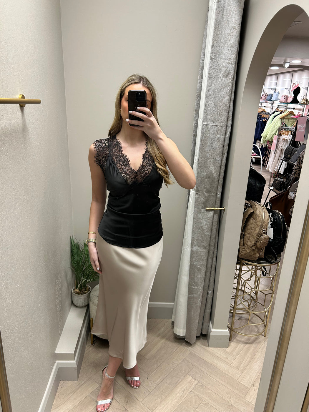 Champagne  satin Kansas midi skirt