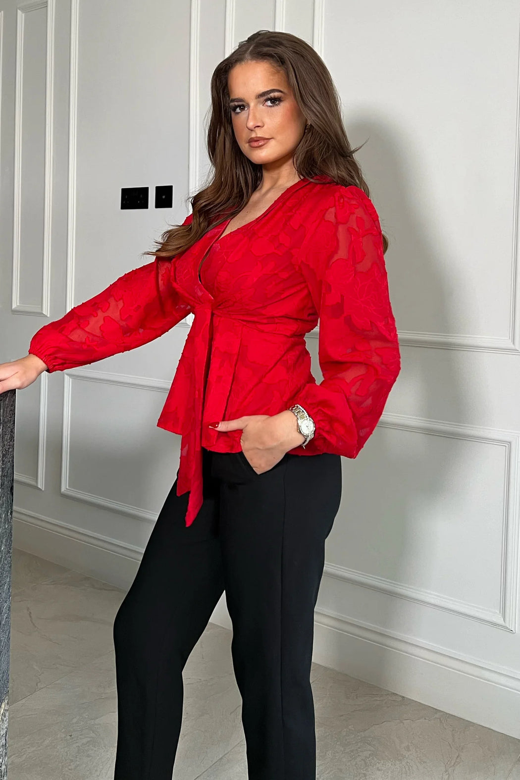 Brooke red Tie Long Sleeve Burnout