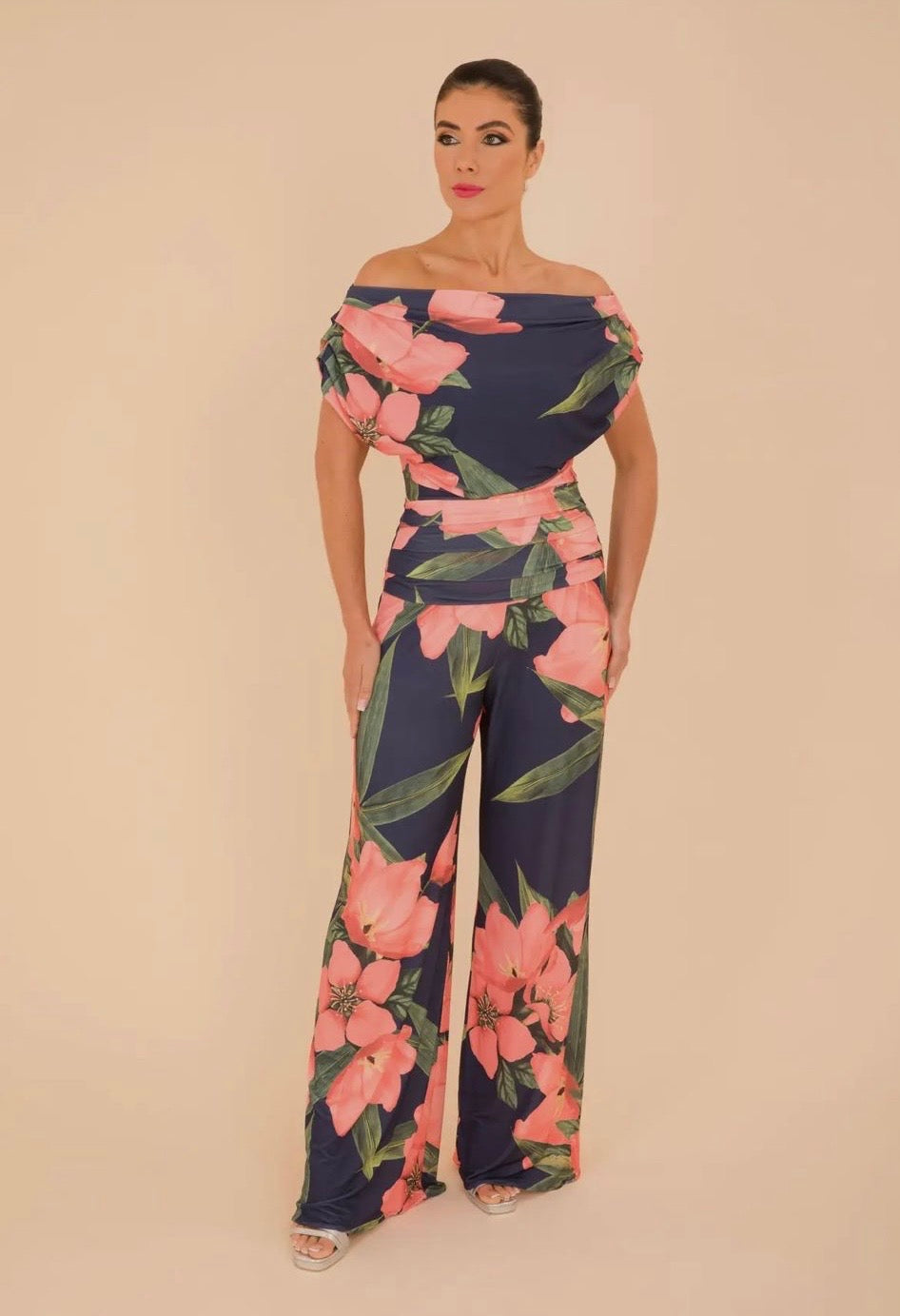 Navy peach floral Atom label carbon jersey jumpsuit