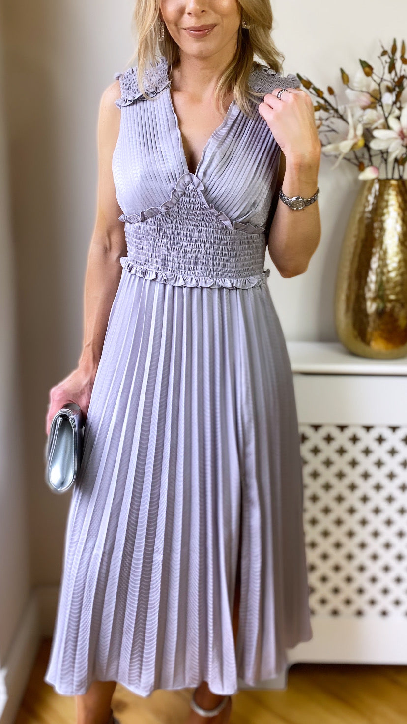 Lilac Grey Plunge Front Pleated Midi Dress