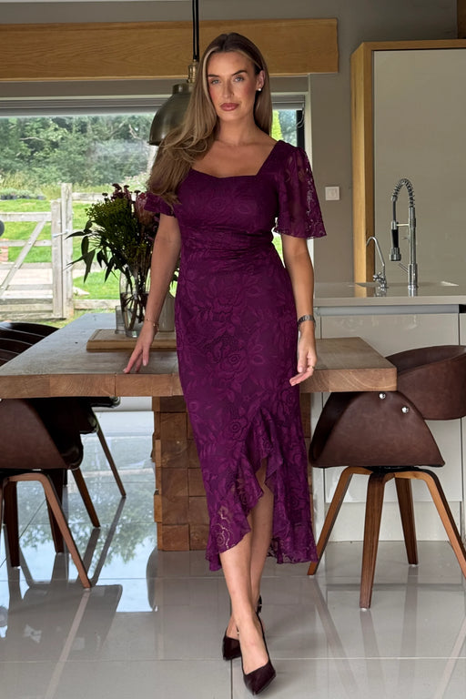 Heidi Lace Ruched Midi Dress Plum