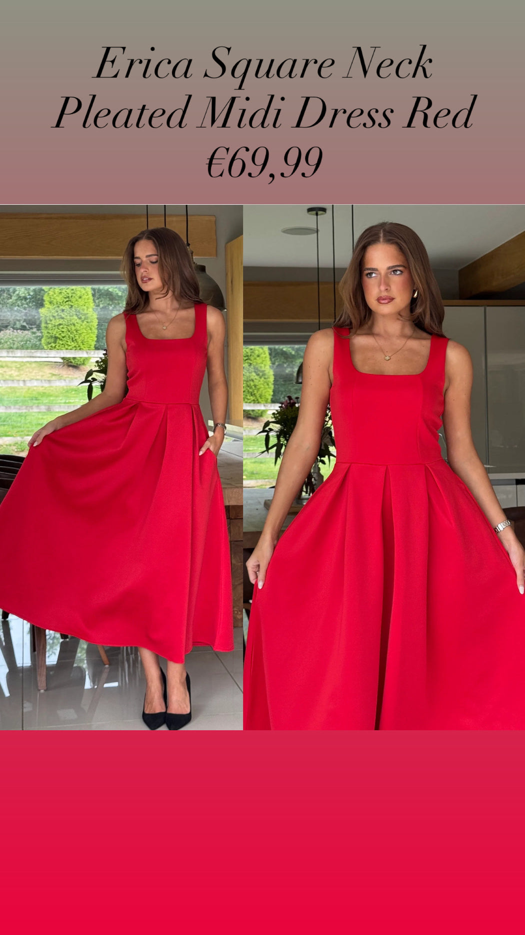 Erica Square Neck Pleated Midi Dress Red