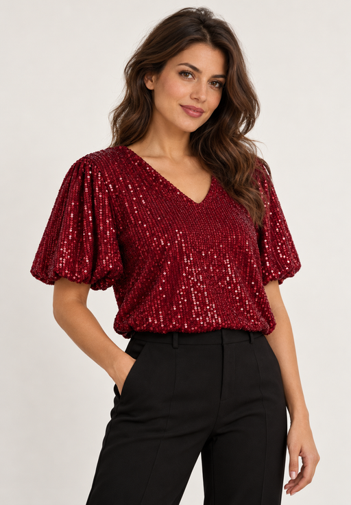 Wine sequin v -neck top