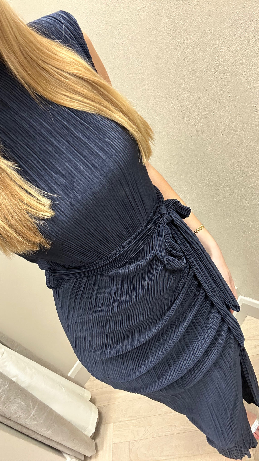 Elena navy ruched  Seamed Midi Dress Baby