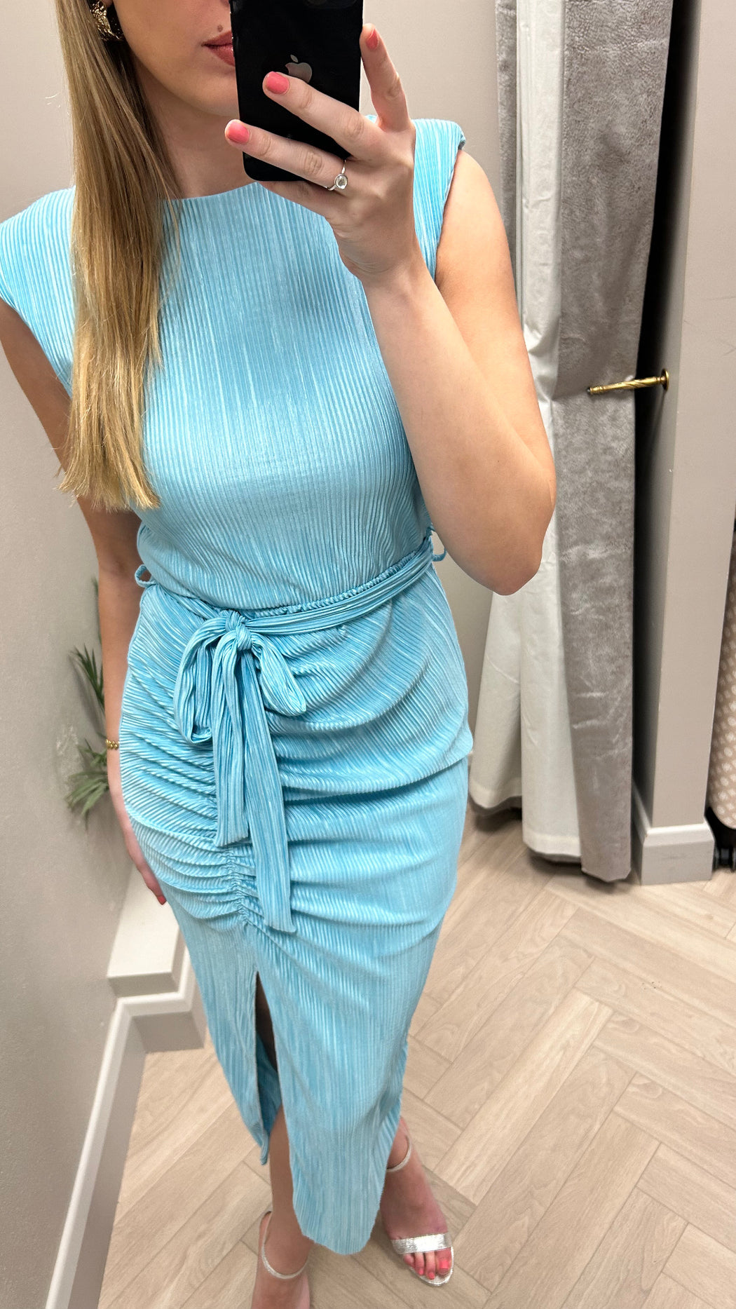 Elena sky blue Ruched Seamed Midi Dress