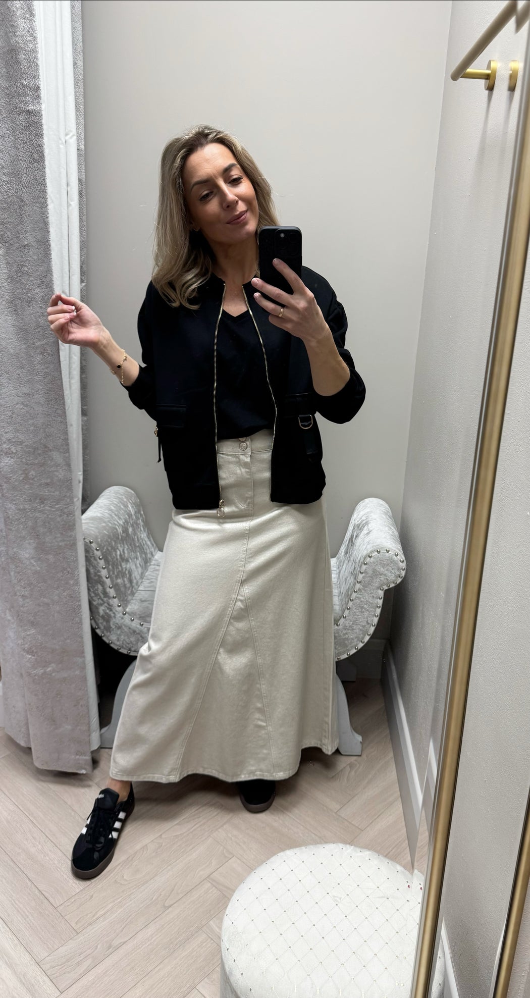 Carrie gold shimmer denim maxi skirt