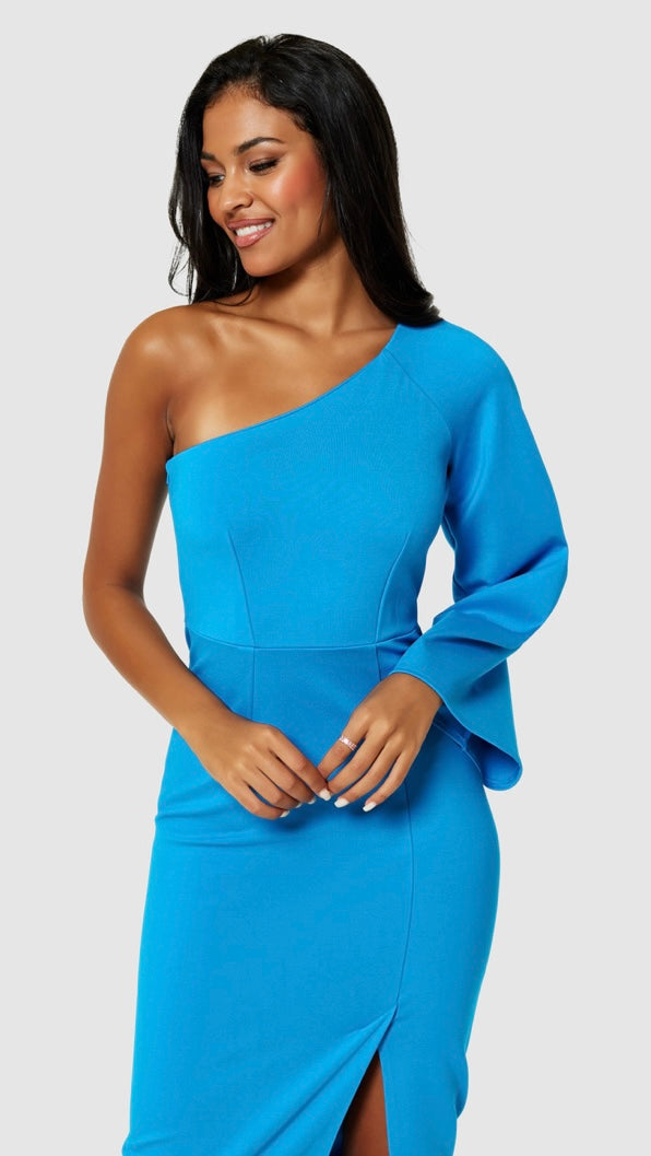 Jd10254 AQUA ONE SHOULDER PENCIL DRESS