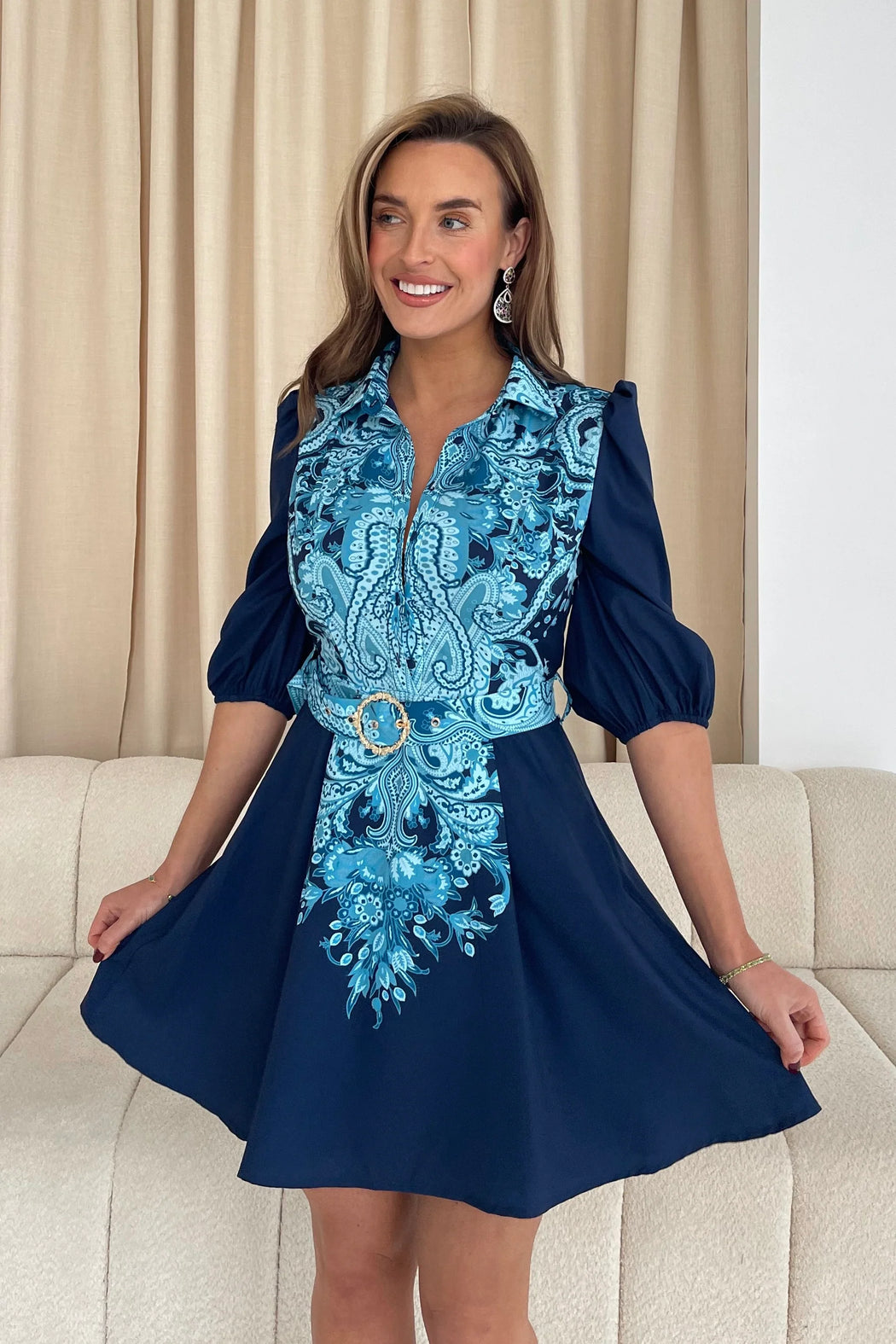 Holland Paisley Print Collar Mini Dress Navy