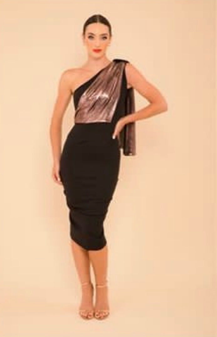 Atom label zirconium black rose gold crepe dress