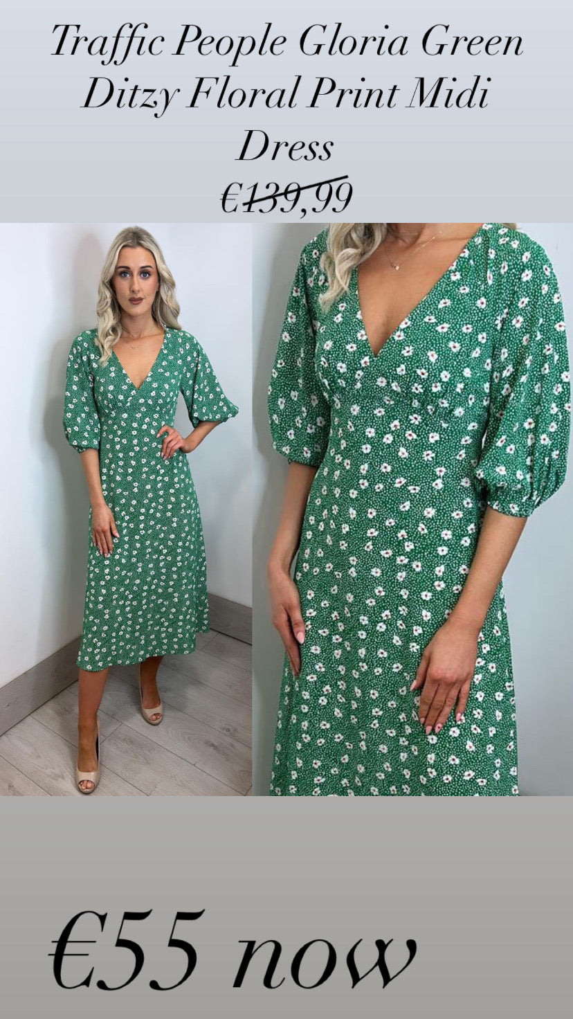 Traffic People Gloria Green Ditzy Floral Print Midi Dress