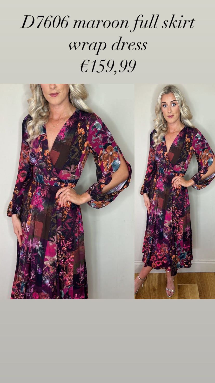 D7606 maroon full skirt wrap dress