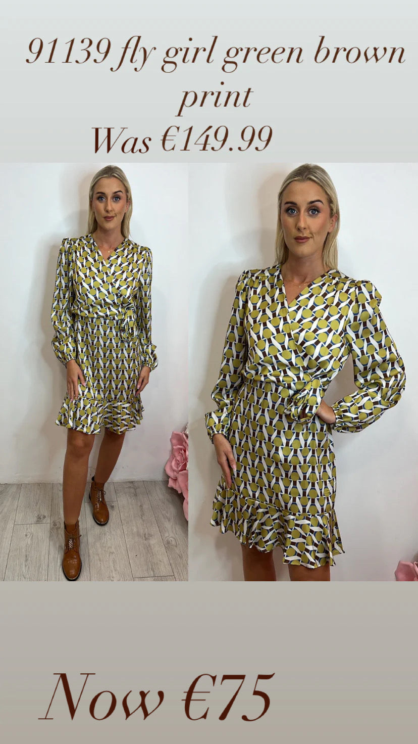 91139 fly girl green brown print dress