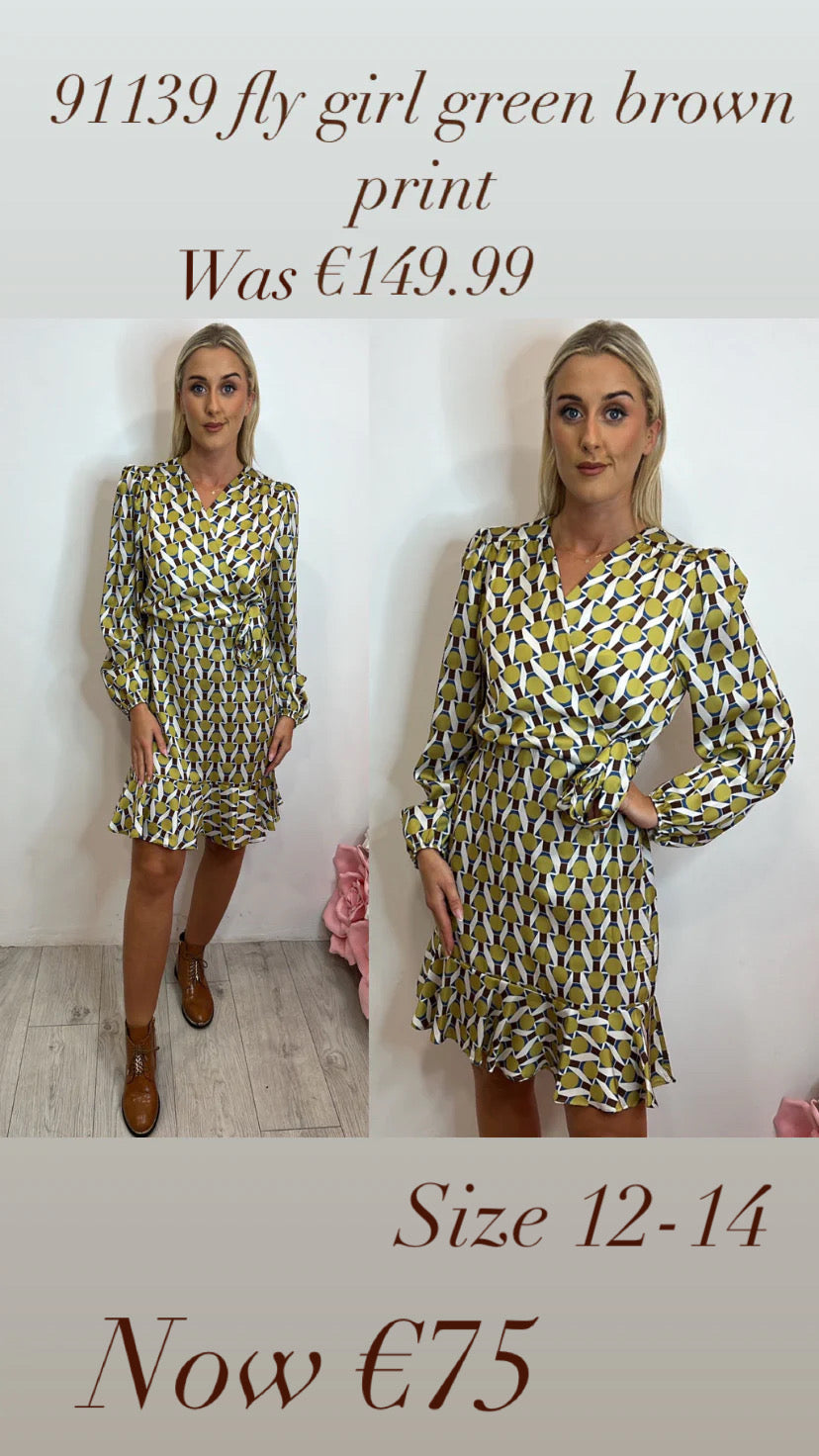 91139 fly girl green brown print dress
