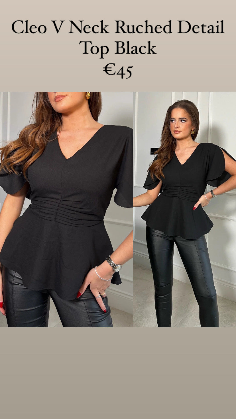 Cleo V Neck Ruched Detail Top Black