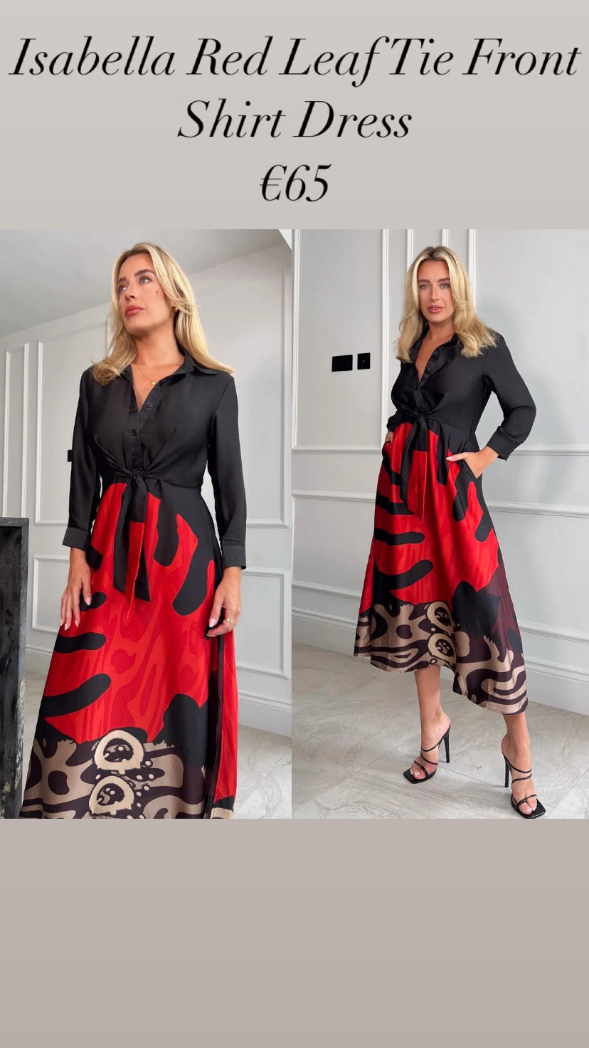 Isabella Red Leaf Tie Front Shirt Dress