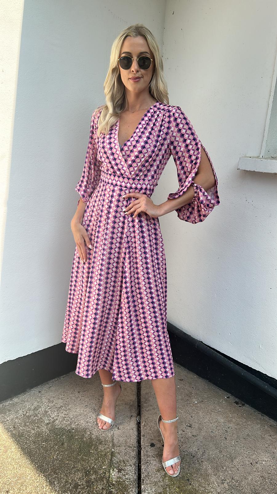 D9177 PINK FULL SKIRT WRAP DRESS