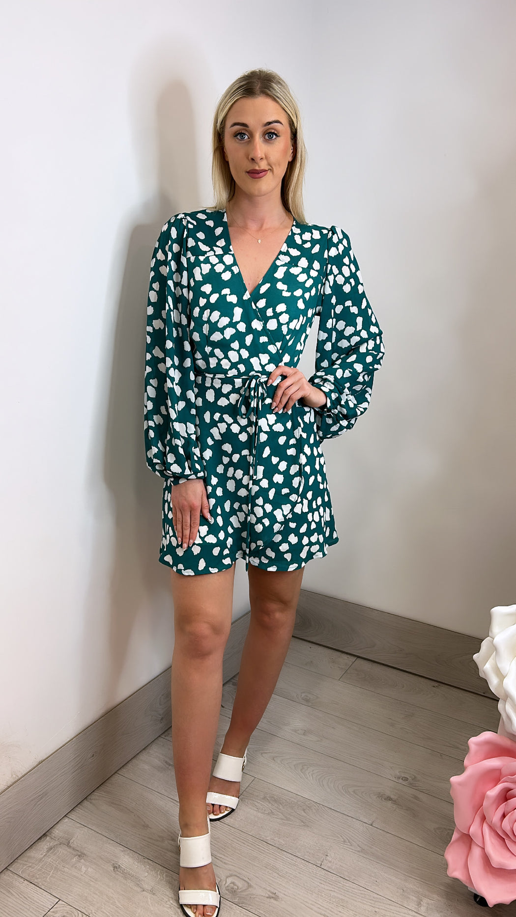 Ginger dancing leopard Mini Wrap Dress In White On Green Cloud