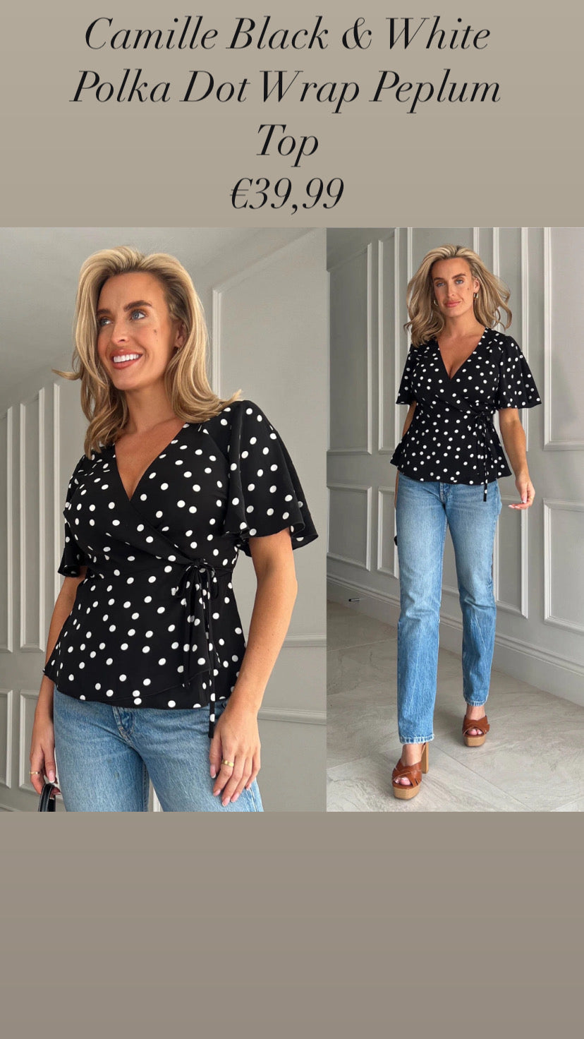 Camille Black & White Polka Dot Wrap Peplum
