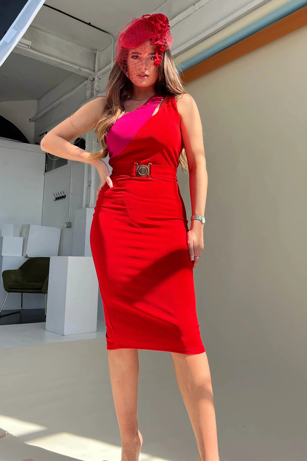 Sophia Red & Pink One Shoulder Dress