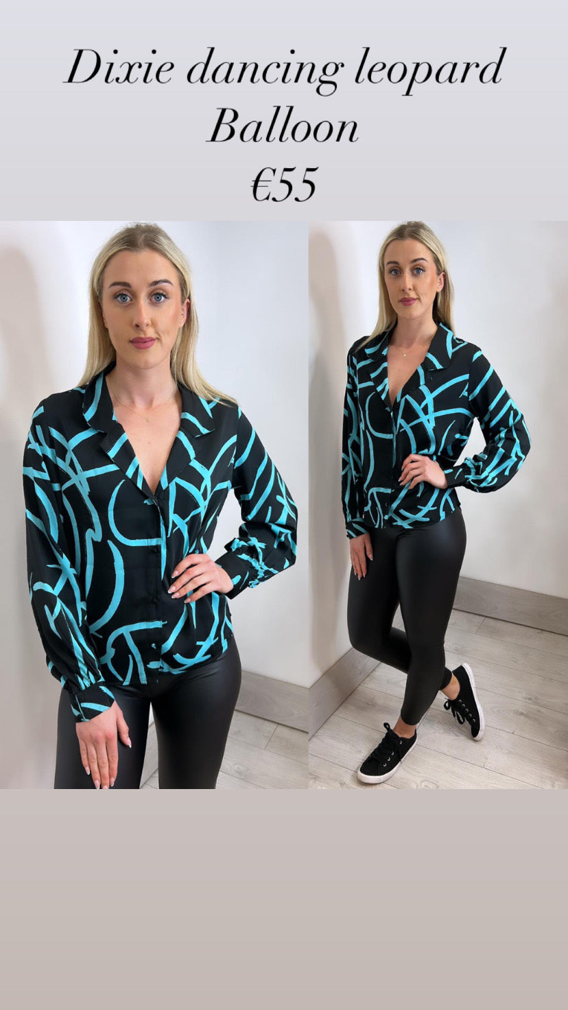 Dixie dancing leopard Balloon Sleeve Shirt In Blue Strokes On Black