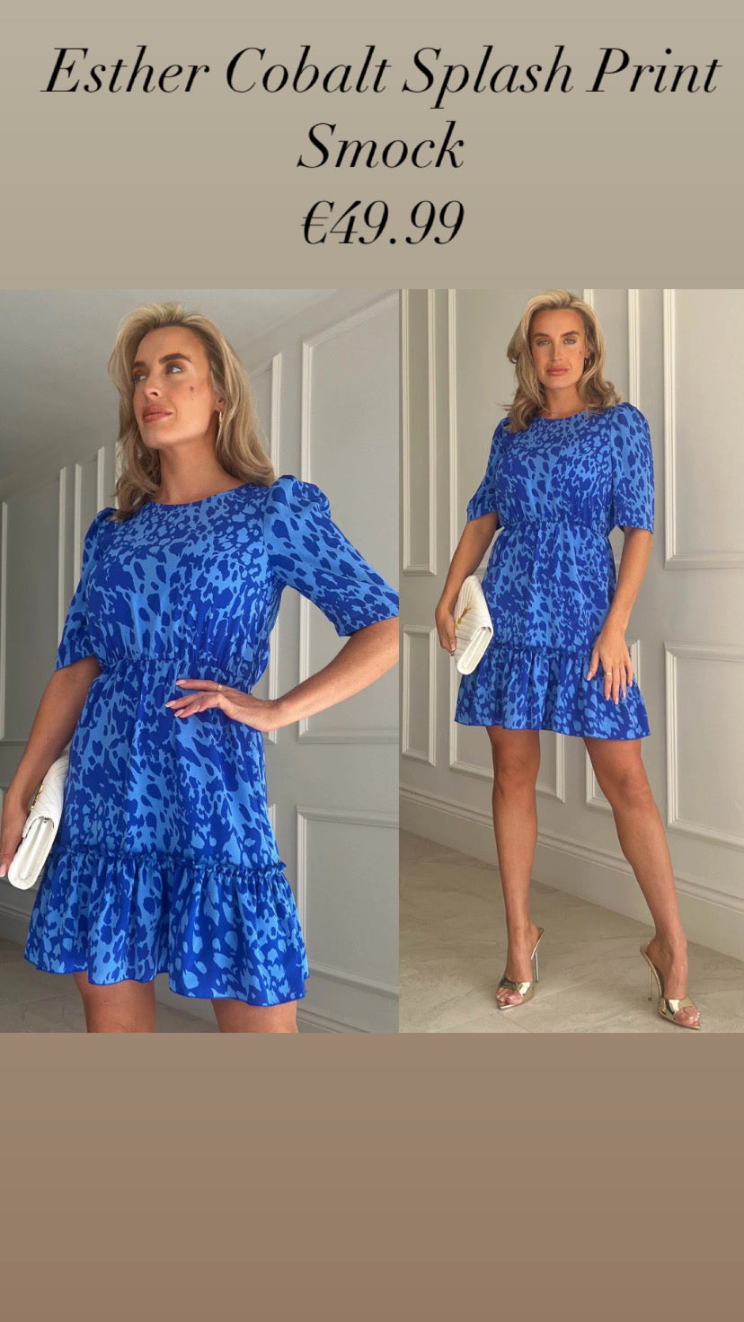 Esther Cobalt Splash Print Smock Mini Dress