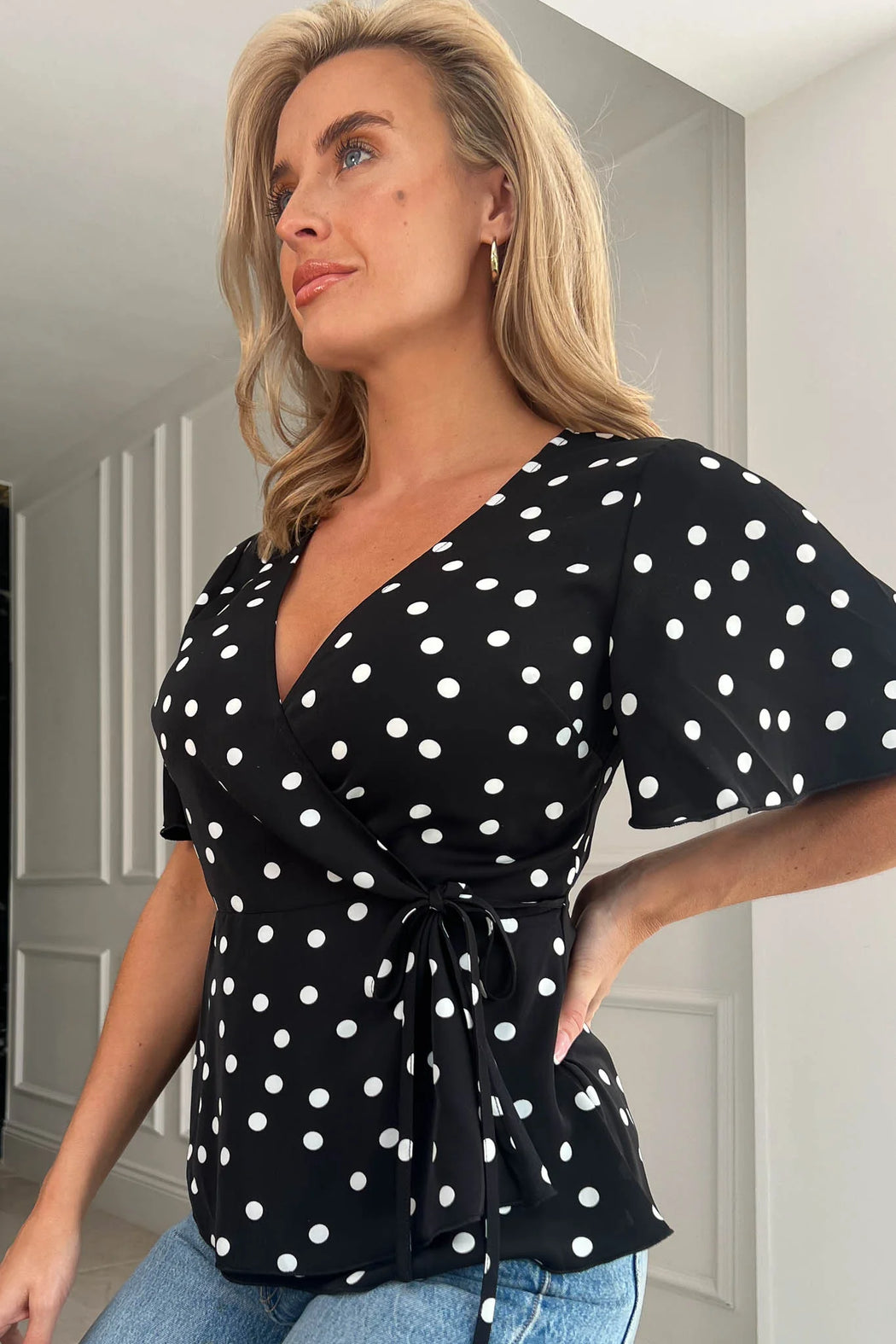 Camille Black & White Polka Dot Wrap Peplum